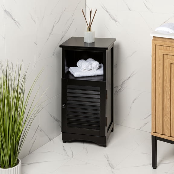 happimess SHF2001C Serene 27.5 in. H Handcrafted Acacia Wood Bathroom Freestanding Floor Bathroom Storage Cabinet with Louvered Door and Open Shelf, Black