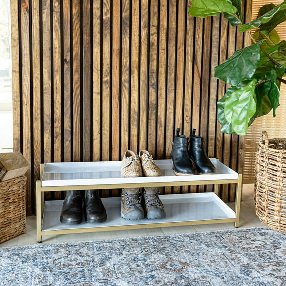 happimess SRK1000D Industrial Compact 10.75" 6-Pair 2-Tier Iron Shoe Rack, White/Gold