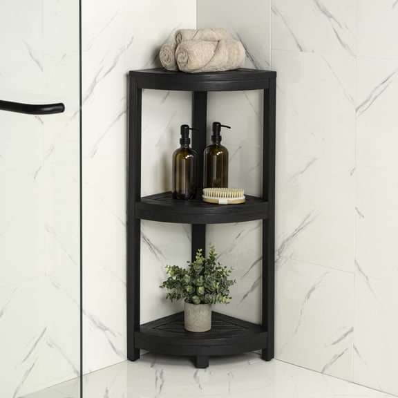 happimess Sela 33" Classic Minimalist 3-Tier Acacia Wood Freestanding Bathroom Corner Shelf, Black