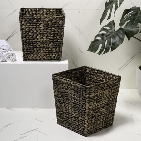 happimess Theo Coastal Farmhouse Handwoven Water Hyacinth 4.8-Gallon Tapered Square Wicker Waste Basket, Brown (Set of 2)
