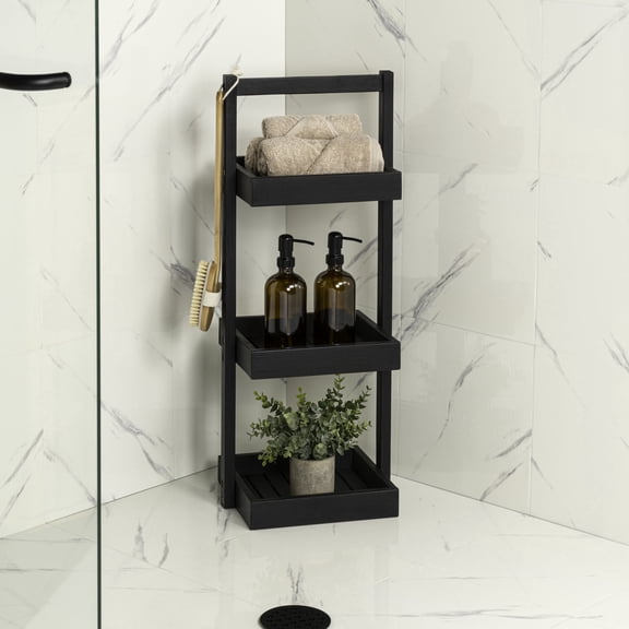 happimess Tilly 30" Classic Rustic 3-Tier Acacia Wood Freestanding Bathroom Shower Caddy with Handle, Black