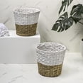 thumbnail image 1 of happimess Toby Contemporary Bohemian Two-Tone Handwoven Water Hyacinth 3.1-Gallon Tapered Round Wicker Waste Basket, White/Natural (Set of 2), 1 of 6