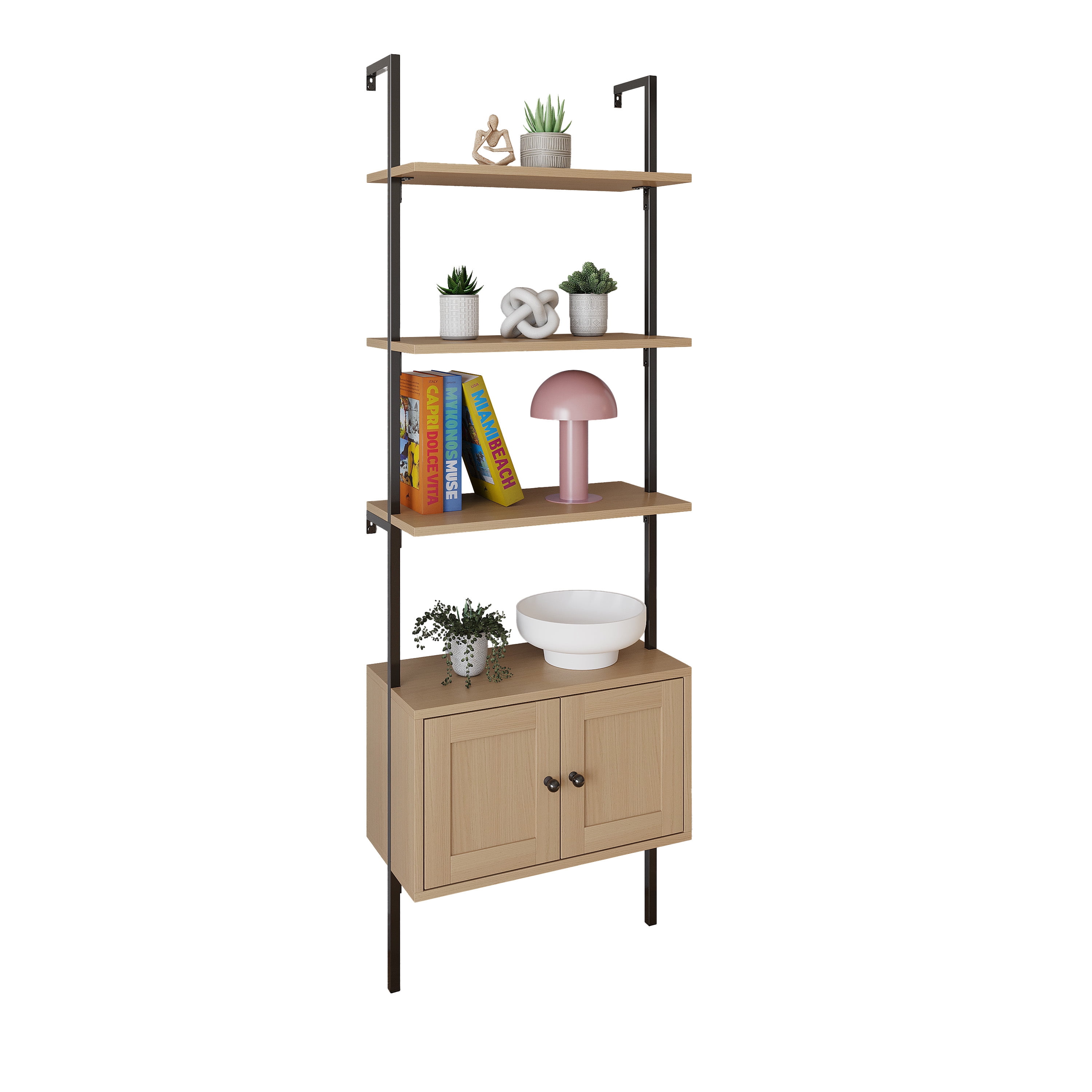 Light Oak and Black Wall-Mounted Ladder Bookcase with Cabinet