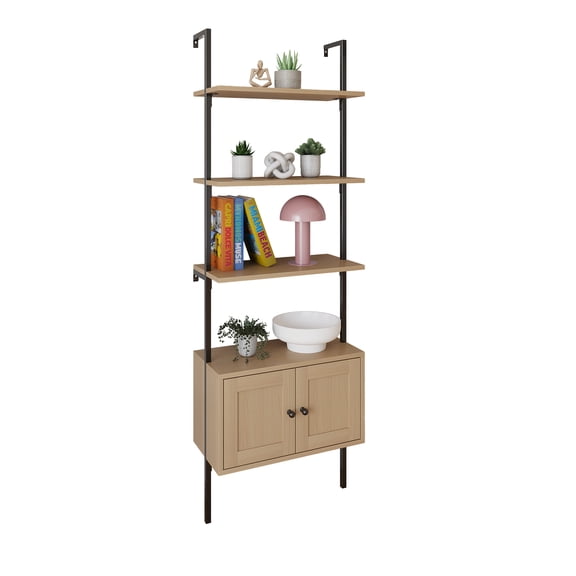 happimess Tulare 72.05" MidCentury Industrial 4-Shelf Wood Wall-Mounted Open Ladder Bookcase with Cabinet and Metal Frame, Light Oak/Black