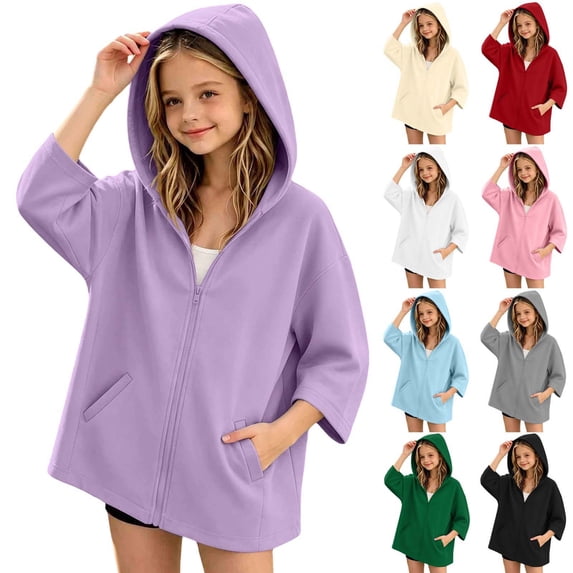 happyYEE Full Zip Hoodie for Girl, Oversized Hooded Sweatshirt with Pockets, Fall Long Sleeve Casual Zipper Outerwear Tops,13-14 Years