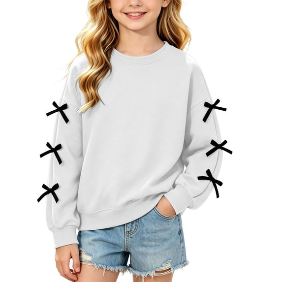 happyYEE Girls Bow Sweatshirt Fall Fleece Crew Neck Pullover Tops Oversized Long Sleeve Casual Versatile Sweatshirt,13-14 Years