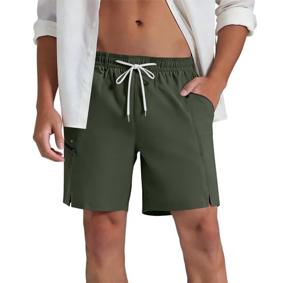 happyYEE Men’s Quick Dry Shorts with Zipper Pockets Drawstring Elastic Waist Casual Shorts Outdoor Running Sport Shorts for Men,Green-a,,S