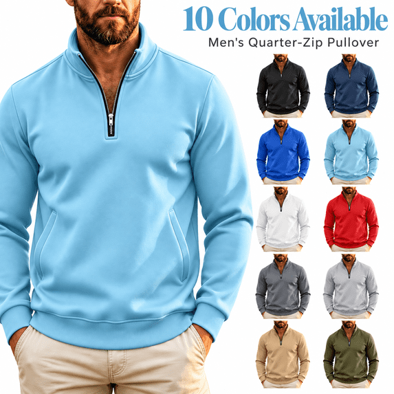 happyYEE Quarter Zip Sweatshirt for Men - Fall Stand Neck Fleece Sweatshirt - Casual Warm No Hood Pullover Tops with Pockets