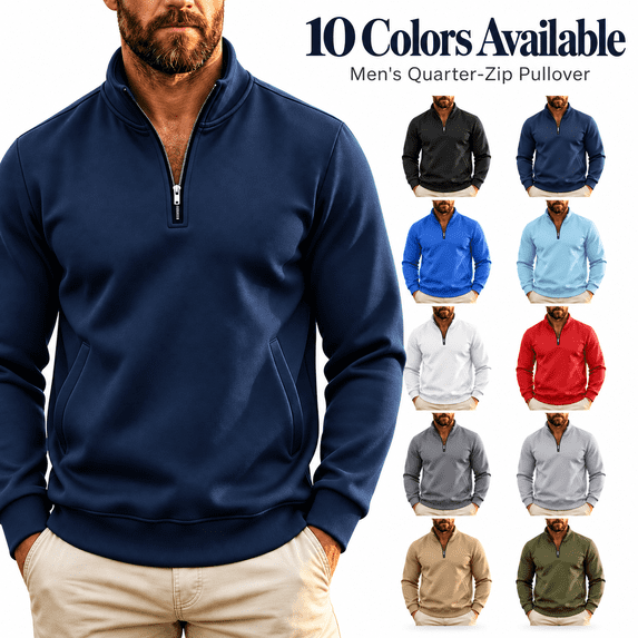 happyYEE Quarter Zip Sweatshirt for Men - Fall Stand Neck Fleece Sweatshirt - Casual Warm No Hood Pullover Tops with Pockets