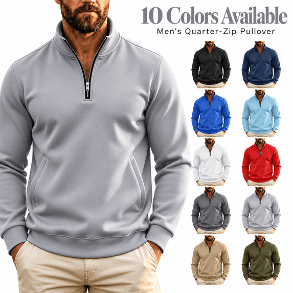 happyYEE Quarter Zip Sweatshirt for Men - Fall Stand Neck Fleece Sweatshirt - Casual Warm No Hood Pullover Tops with Pockets