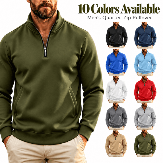 happyYEE Quarter Zip Sweatshirt for Men - Fall Stand Neck Fleece Sweatshirt - Casual Warm No Hood Pullover Tops with Pockets