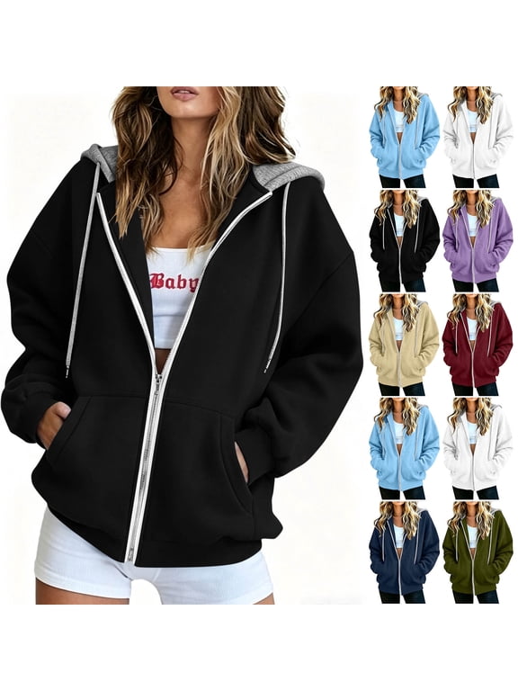 Women’s Zip Front Hooded Sweatshirt, Oversized Long Sleeve Sweat Jackets Winter Warm Casual Coats with Pockets
