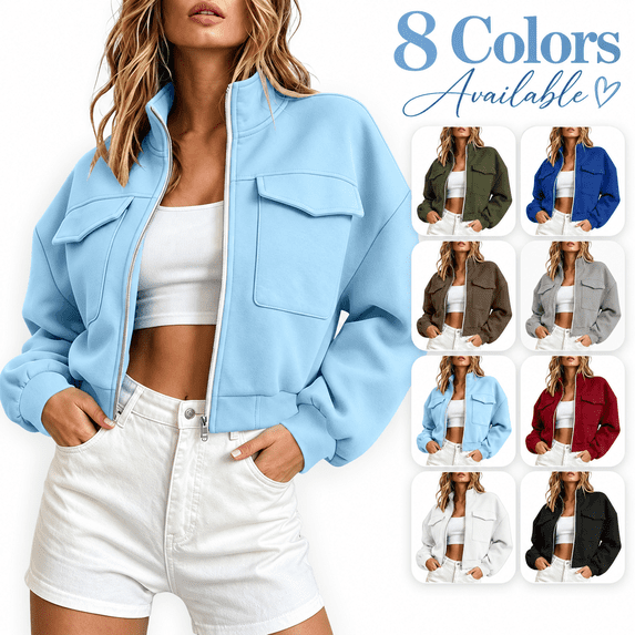happyYEE Women’s Zip Front Jacket Long Sleeve Fleece Outer Coat with Pockets Fall Fashion Streetwear Stand Neck Jackets with Pockets