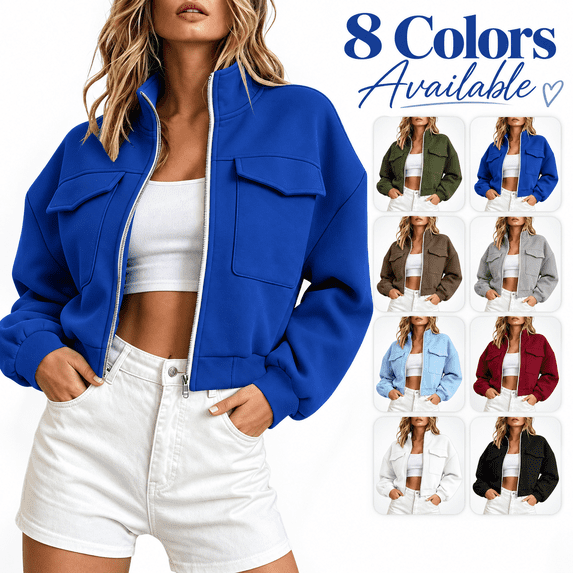 happyYEE Women’s Zip Front Jacket Long Sleeve Fleece Outer Coat with Pockets Fall Fashion Streetwear Stand Neck Jackets with Pockets