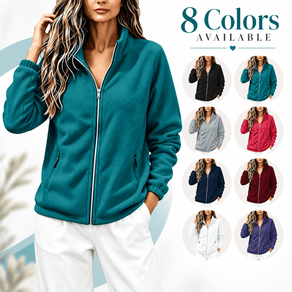happyYEE Women's Zip up Sweatshirt Jackets Long Sleeve Fleece Loose Coat Fall Fashion Stand Neck Outerwear with Zip Pockets