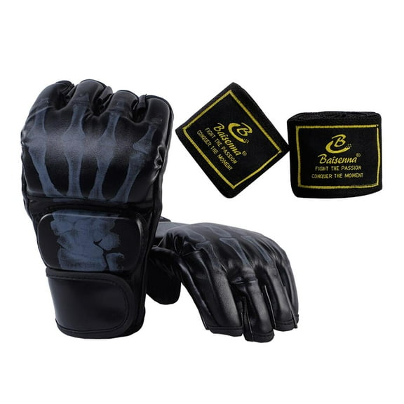 harayaa Boxing Gloves Protective Gear Open Palm MMA Half Mitts Lightweight Breathable PU Black Skeleton