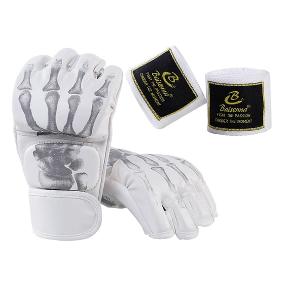 harayaa Boxing Gloves Protective Gear Open Palm MMA Half Mitts Lightweight Breathable PU White Skeleton