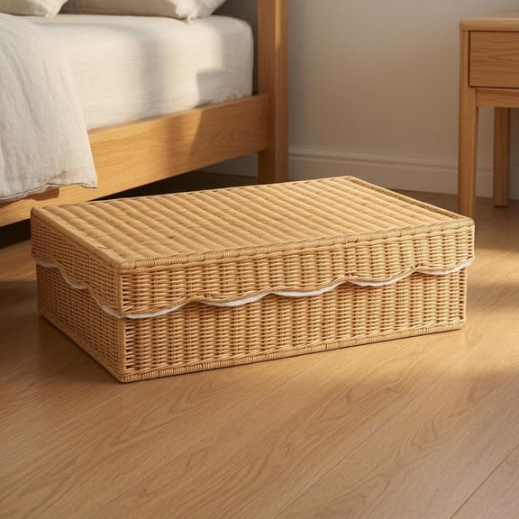 harayaa Storage Basket Organizer Rattan Box Flat Woven Lid Dust Resistant Design for Home Underbed and Office