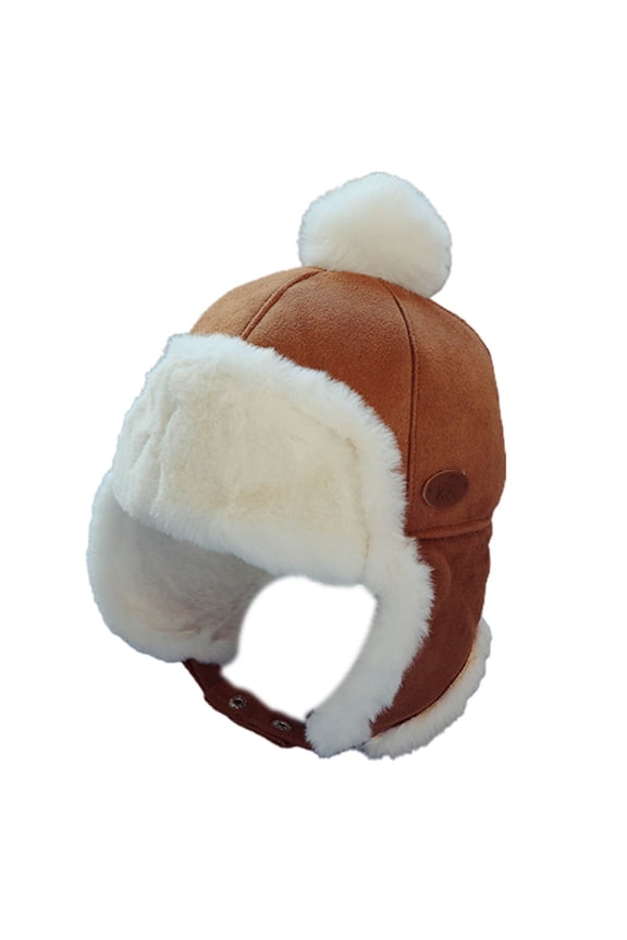 0-2 Years Old Baby Boys Hat Plush Lining Ear Flap Autumn Winter Infant Thick Warm Plush Ball Cap for Daily Wear,Brown Yellow