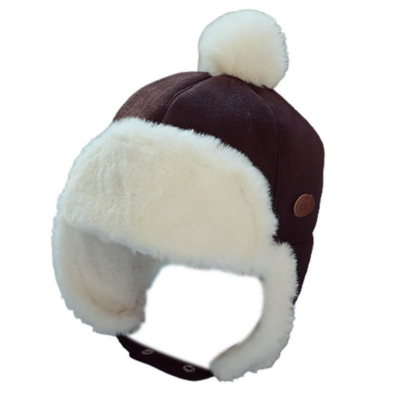 harmtty 0-2 Years Old Baby Boys Hat Plush Lining Ear Flap Autumn Winter Infant Thick Warm Plush Ball Cap for Daily Wear,Coffee