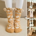 thumbnail image 1 of harmtty 1 Pair Adults Socks Cartoon Cat Rabbit Alpaca Giraffe Chick Fuzzy Fluffy Thickened Stretchy Keep Warm Coral Fleece Autumn Winter Floor Sleeping Socks for Home,Yellow, 1 of 8