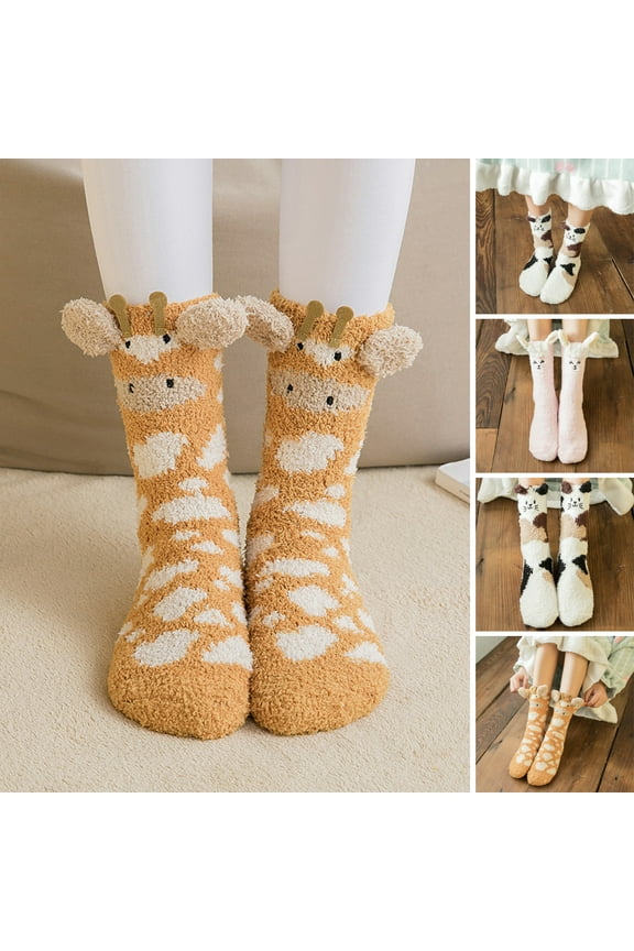 1 Pair Adults Socks Cartoon Cat Rabbit Alpaca Giraffe Chick Fuzzy Fluffy Thickened Stretchy Keep Warm Coral Fleece Autumn Winter Floor Sleeping Socks for Home,Yellow