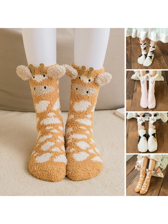 1 Pair Adults Socks Cartoon Cat Rabbit Alpaca Giraffe Chick Fuzzy Fluffy Thickened Stretchy Keep Warm Coral Fleece Autumn Winter Floor Sleeping Socks for Home,Pink