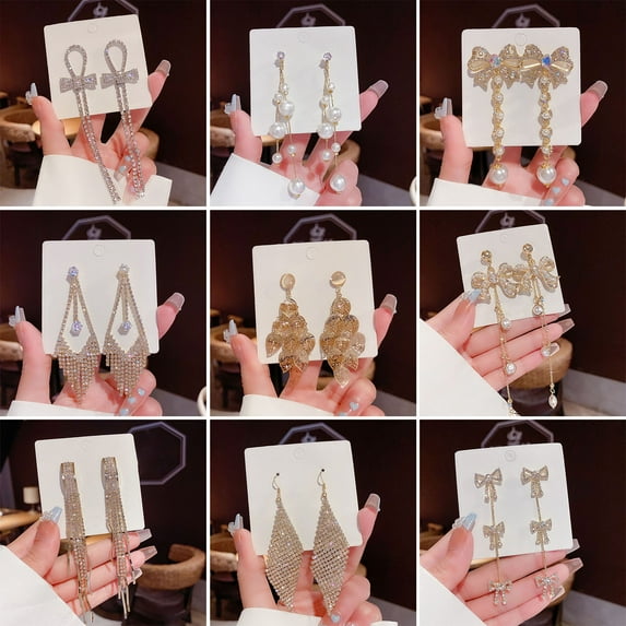 harmtty 1 Pair Bowknot Shape Shining Rhinestones Lady Earrings Heart Imitation Pearls Tassel Dangle Earrings Jewelry Accessory