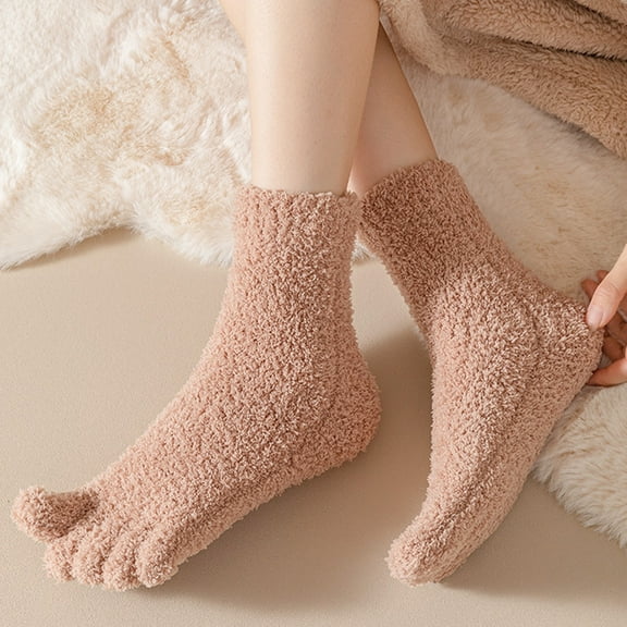 harmtty 1 Pair Coral Fleece Toe Socks Winter Thick Warm Five Finger Split-Toe Floor Socks Plush Sleep Socks Non-Slip Mid-Calf Socks for Home