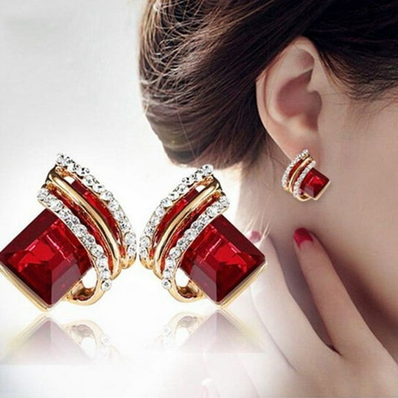 harmtty 1 Pair Ear Studs Rhinestone Geometric Electroplating Luxury High Gloss Ear Decoration Jewelry Faux Crystal Engagement Earrings Anniversary Gifts,Red