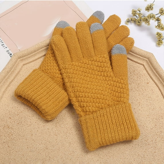 harmtty 1 Pair Fashion Women Winter Gloves Thick Windproof Plush Knitted Color Matching Elastic Warm Five Fingers Anti slip Soft Cozy Regular Fit Cycling Gloves Outdoor Gloves Pink