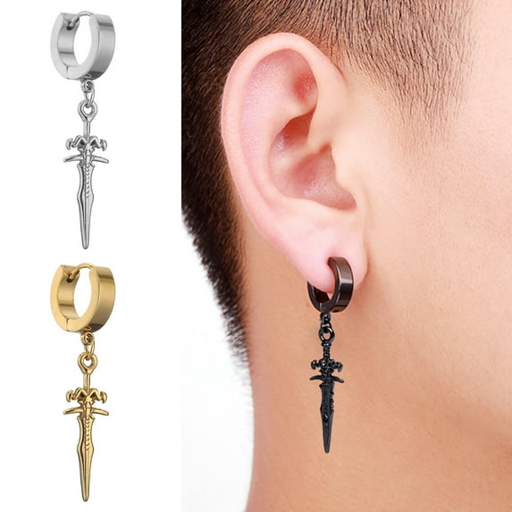 harmtty 1 Pair Men Earrings Solid Color Sword Shape Punk Style Portable Drop Earrings for Daily Wear