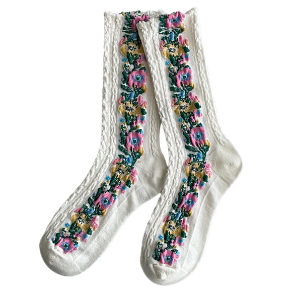 harmtty 1 Pair Middle Tube Twist Warm Women Socks Flower Pattern Ethnic Print Crew Socks for Autumn Winter,White