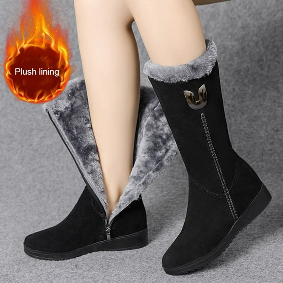 harmtty 1 Pair Snow Boots Side Zipper Closure Middle Tube Thickened Fleece Non-Slip Keep Warm Flat Bottom Winter Warm Plush Long Boots Outdoor Use foot warmers for feet Black