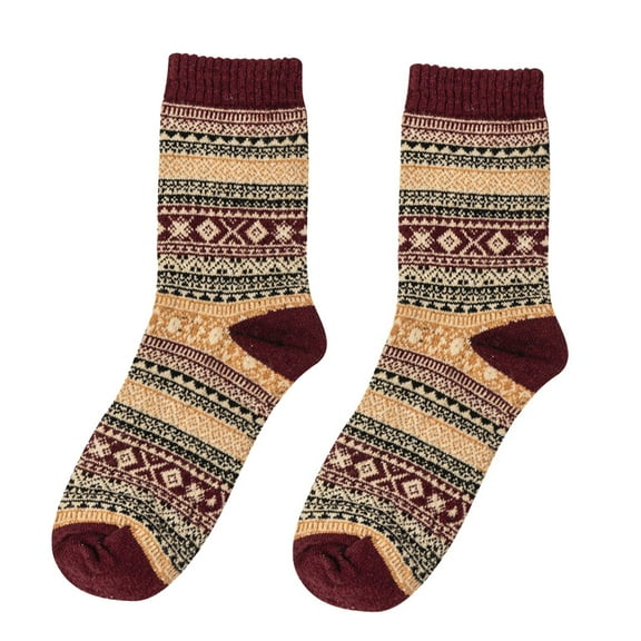 harmtty 1 Pair Unisex Socks Ethnic Style Warm Men Women Color Block Knitting Socks for Daily Wear,Wine Red