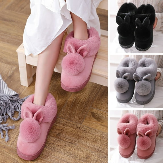 harmtty 1 Pair Winter Cotton Slippers Flat Fluffy Cartoon Rabbit Ear Soft Plush Thickened Warm Heat Retention Thick Sole Solid Color Home Indoor Cotton Shoes foot warmers for feet Black