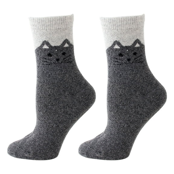 harmtty 1 Pair Winter Socks Wind-proof Soft Touch Adorable Mid Cuff Cat Print Lady Socks for Daily Wear,Dark Gray