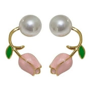 harmtty 1 Pair Women Earrings Smooth Surface Fashion Stainless Anti-rust Contrast Color Decorate Ear Imitation Pearl Tulip Flowers Stud Earrings Women Accessories