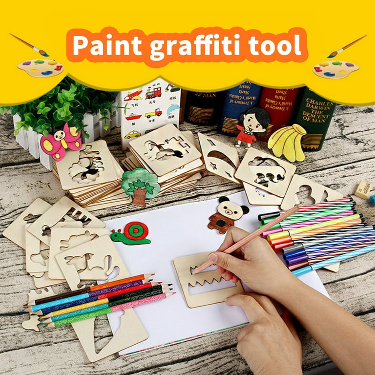 harmtty 1 Set Kids Drawing Stencils Multifunctional Watercolor Pen Early  Educational Toy Wood DIY Art Craft Color Painting Templates Drawing  Accessories,Multicolor 