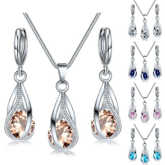 harmtty 1 Set Pendant Earrings Rhinestone Cubic Zirconia High Gloss Temperament Geometric Decoration Shinny Fashion Spiral Shaped Necklace Set Women Accessory,White