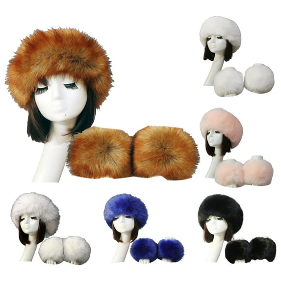 harmtty 1 Set Winter Cap Cuffs Set Solid Color Fluffy Faux Fur Empty Top Soft Keep Warm Elastic Cozy Women Hat Cuffs Set for Outdoor,White