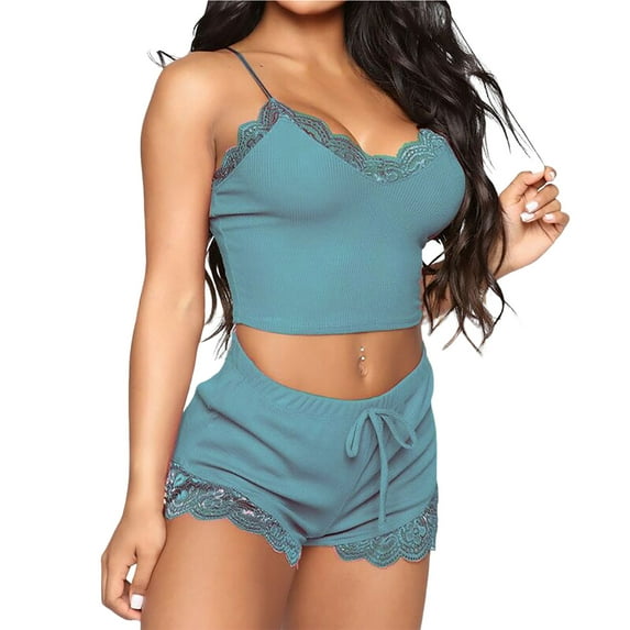 harmtty 2 Pcs/Set Women Pajamas Set Crop Top Shorts Lace Edge Solid Color Spaghetti Strap Sexy Soft Sleeveless Lady Night Clothes for Sleeping,Green