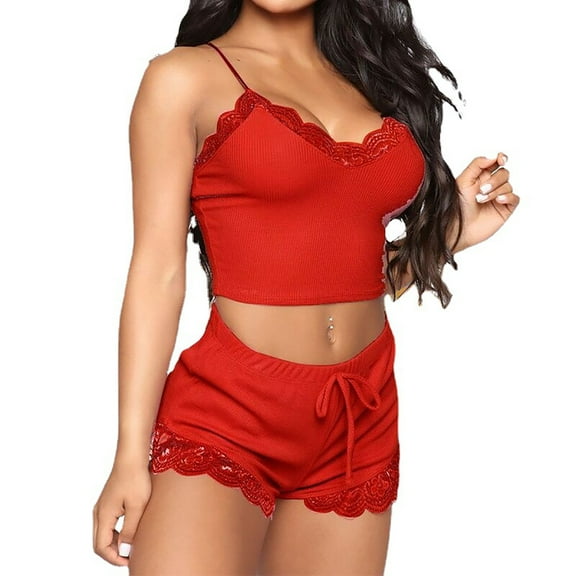 harmtty 2 Pcs/Set Women Pajamas Set Crop Top Shorts Lace Edge Solid Color Spaghetti Strap Sexy Soft Sleeveless Lady Night Clothes for Sleeping,Red