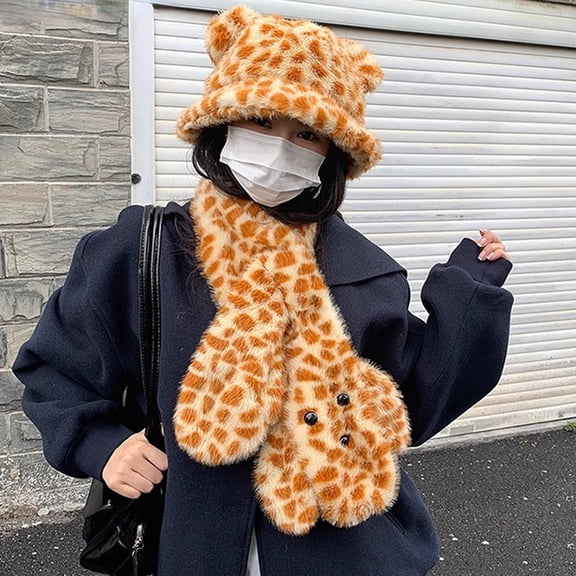 harmtty 2Pcs/Set Winter Hat Scarf Set Tiger Leopard Print Dome Style Fisherman Hat with Lace-Up Design Windproof Warmth Hat Scarf Set