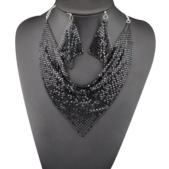 harmtty 2Pcs/Set Women Triangular Scarf Sequins Charm Statement Bib Necklace Earrings,Black