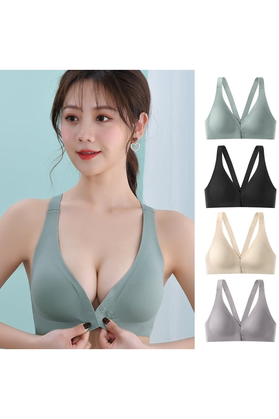 3/4 Cup V-Neck Beautiful Back Front Button Women Bra Seamless Push Up Thin Underwear,Black,M