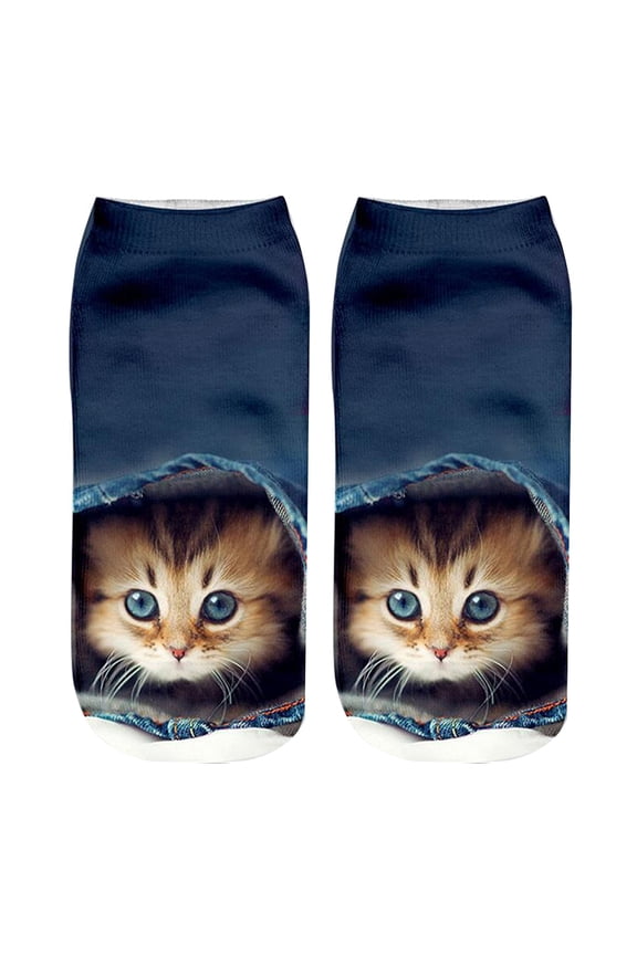 3D Cat Animal Print Women Breathable Polyester Elastic Low Cut Ankle Socks