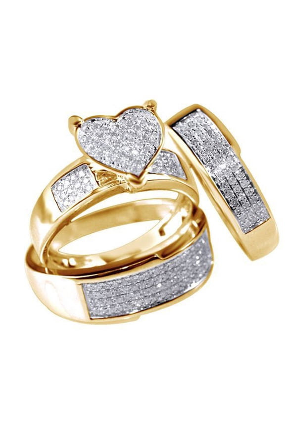 3Pcs/Set Heart Rhinestone Inlaid Stacking Finger Ring Bridal Wedding Jewelry Birthday Gift for Women Lovers,Golden