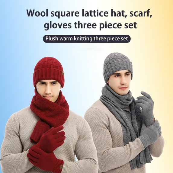 harmtty 3Pcs/Set Men Scarf Hat Gloves Checkered Thickened Windproof Thermal Pure Color Keep Warm Super Soft Unisex Woolen Yarn Knitted Scarf Hat Full Finger Gloves Kit for Cycling,Khaki