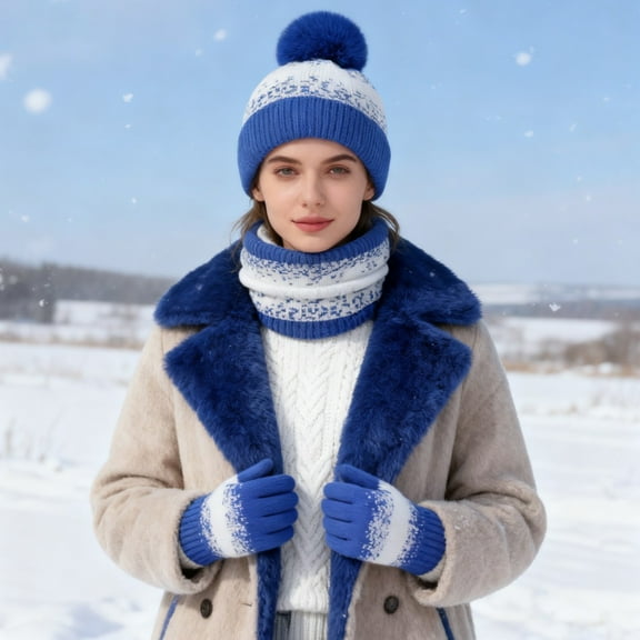 harmtty 3Pcs/Set Winter Hat Scarf Gloves Set Plush Ball Decor Hat Thickened Plush Lining Neck Gaiter Touch Screen Gloves Set